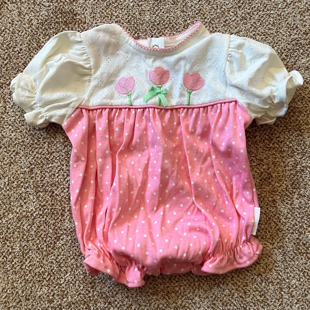 Baby Girls VintagePink Polka Dot Tulip 🌷 Embroidered One-Piece Romper Healthtex